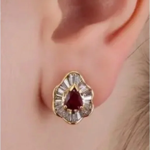 Red and Gold CZ Stud Earrings - Picture 2 of 2